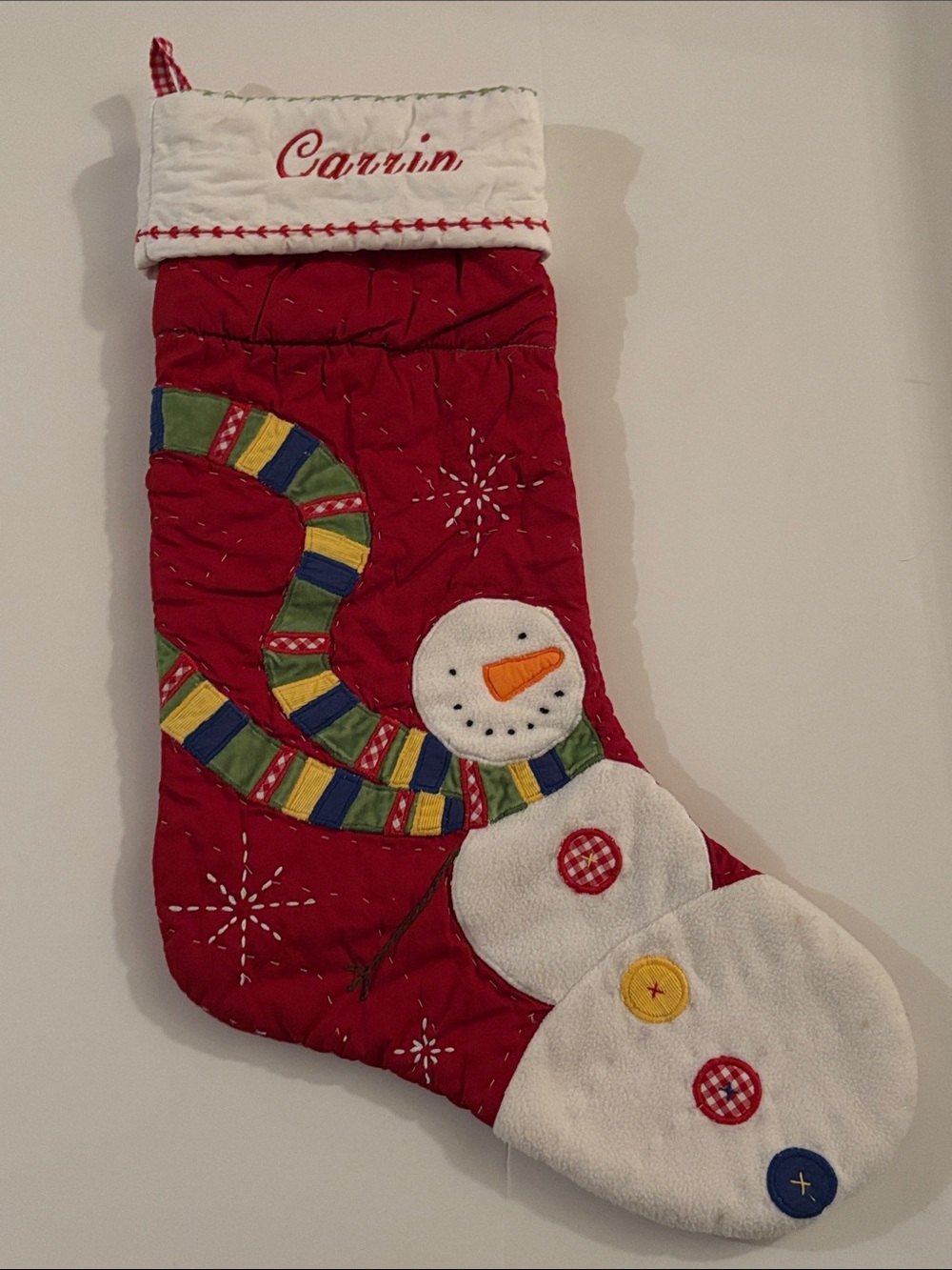 Pottery Barn Kids Red Snowman Christmas Stocking with Multicolor Scarf - Carrin
